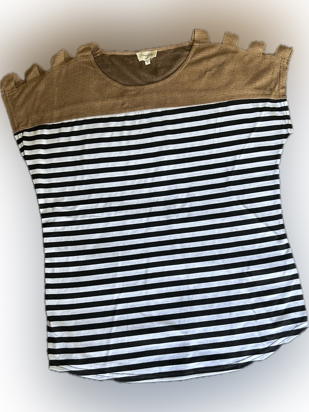 Siren Lily Black & White Striped Tee with Tan Yoke
